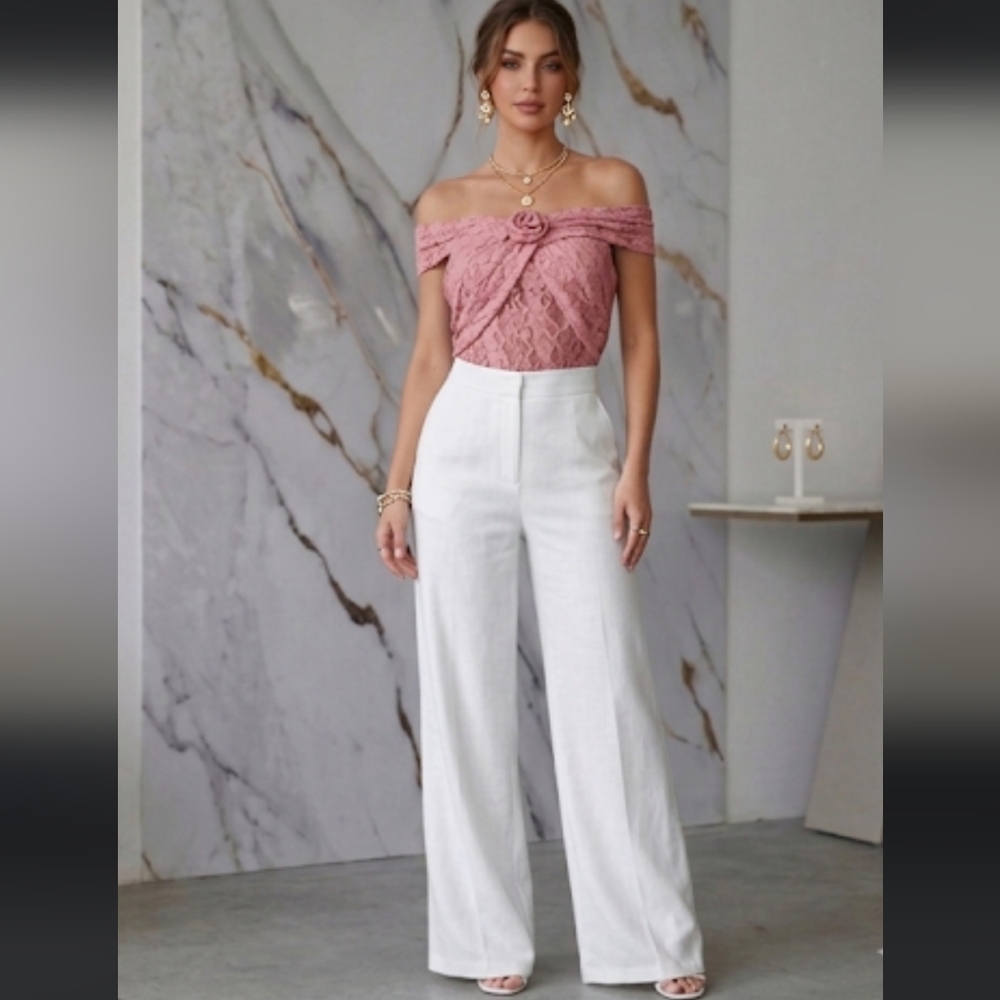 Off-Shoulder Lace With Floral Accent Asymmetrical Top